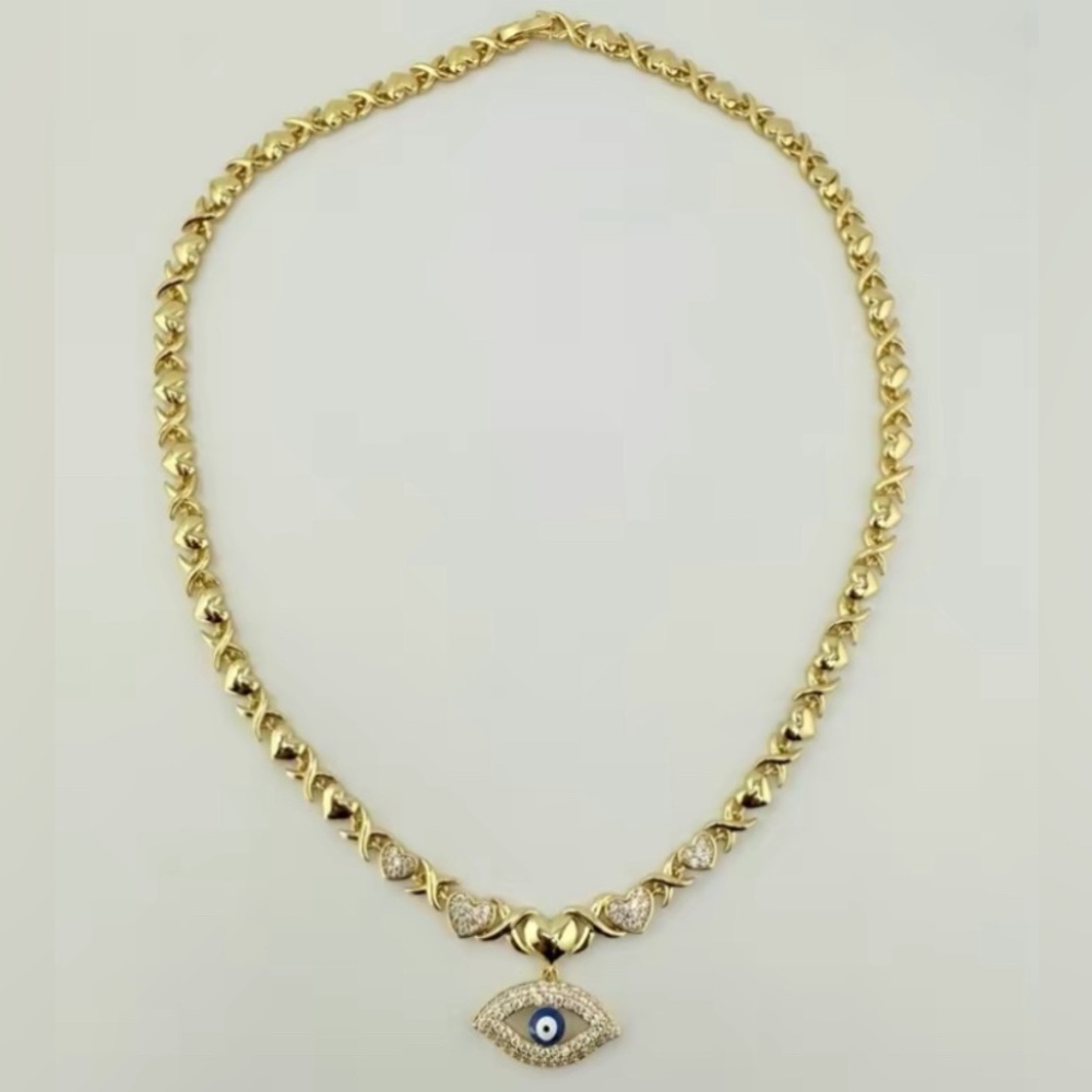 New 14K Laminated Gold Necklace xoxo with Gold and Blue Eye Pendant